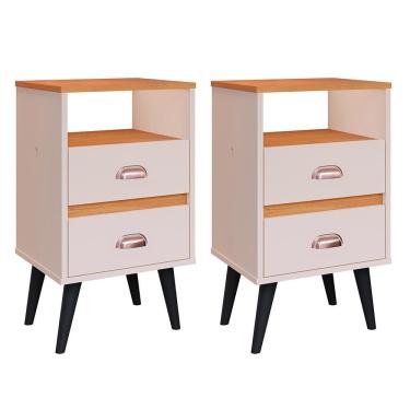 Imagem de Kit 2 Mesas de Cabeceira Nicho Gavetas Puxador Concha Mesinhas Pequenas Canto Lateral Cama Quarto Retrô Classic New – Off White/Cinamomo- RPM