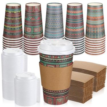 Imagem de Blushtier Conjunto de 50 xícaras de café vintage descartáveis com tampas e mangas copos de papel de Natal de 473 ml para bebidas frias, chocolate quente, festa de Natal, suprimentos de inverno