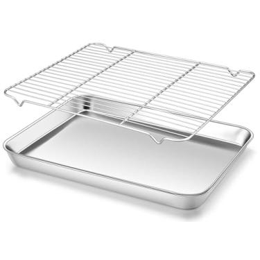Imagem de Homikit Assadeira com conjunto de arame, 40,6 x 30,5 x 2,5 cm, antiaderentes para assar, bandeja de cozinha de aço inoxidável com grade de resfriamento, bandejas de metal, formas de bacon para forno
