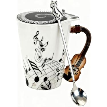 Imagem de Caneca de violino novidade design exclusivo notas musicais copo de café violino com tampa temática legal e colher de gato, presentes para músicos músicos, amantes de música presente para mulheres