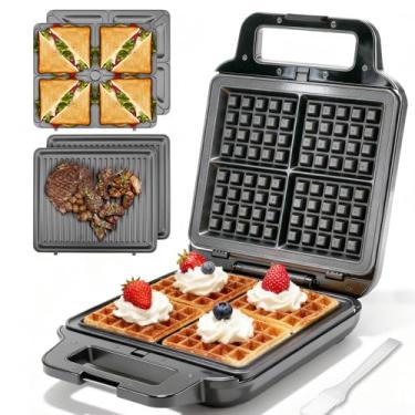Imagem de FineMade Máquina de Waffle Belga com Placas Removíveis, Waflera Electrica, Ferro de Waffle Grande, 3 em 1 Panini Grill Press Sanduicheira de Café Da Manhã, Grelha Elétrica, Máquina de Queijo Grelhado,
