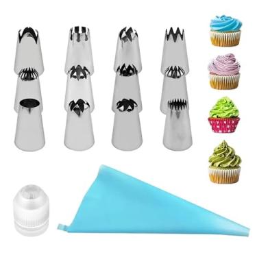 Imagem de Conjunto de 14 sacos de confeitar e pontas, kit de tubo de confeiteiro com 12 bocais de aço inoxidável, 1 saco de confeitar reutilizável e 1 acoplador, suprimentos para ferramentas de tubulação de