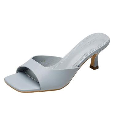 Imagem de ZGHNP Sandália feminina de salto gatinho com bico aberto quadrada, sexy, sem cadarço, salto stiletto, mules, casual, festa, formatura, dança, vestido, Azul, 36