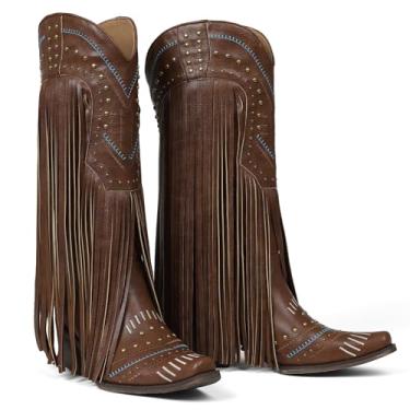 Imagem de Celbreez Botas de caubói femininas com franjas, botas de caubói na altura do joelho, panturrilha, bordadas, rebite, bico fino, salto grosso, botas ocidentais, roupas de concerto Shose, Marrom, 36