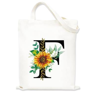 Imagem de Sacolas de lona estampadas para mulheres, sacolas de compras de lona, sacola de compras reutilizável para viagens, compras, trabalho, academia - Letra F