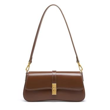 Imagem de Zecmos Bolsas de ombro femininas de couro, bolsa tiracolo pequena, bolsa clutch de couro genuíno, Marrom, Bolsa de ombro de couro