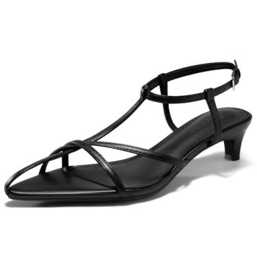 Imagem de Coutgo Sandália social feminina com tiras salto baixo gatinho bico fino aberto verão praia sapatos, Preto, 38