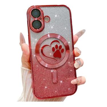 Imagem de Weonmov Capa para iPhone 16, glitter transparente fofo coração amor pata, compatível com MagSafe, capa de proteção de lente de câmera magnética forte, capa de telefone macia fina brilhante 6,1