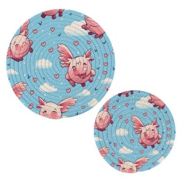 Imagem de Blueangle 2 peças de suporte de panela com estampa de porco voador fofo - conjunto de pegadores de panela de tecido redondo - almofadas quentes trançadas de algodão - porta-copos - tapetes de mesa