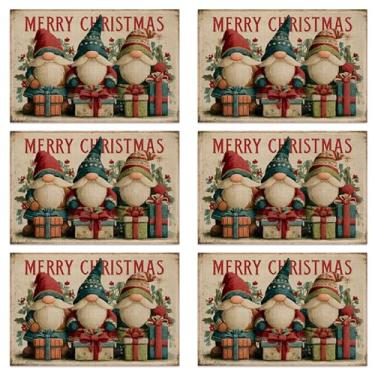 Imagem de Conjunto de 6 jogos americanos de mesa, tecido de linho impermeável, suporte antiderrapante e fácil de limpar, protetores de mesa de jantar elegantes para família e convidados (Gnomo de Natal vintage)