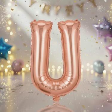 Imagem de Balões U grandes em ouro rosa de 81 cm com letra U, balões de alfabeto Mylar preenchidos com hélio para festas de aniversário e decorações não comemorativas, suprimentos de decoração de festa em ouro