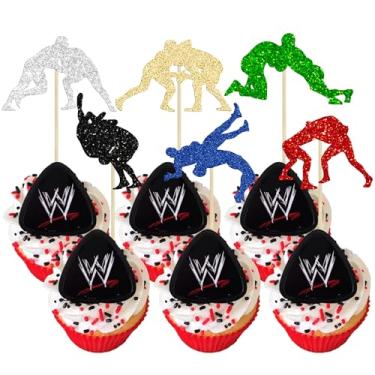 Imagem de Gyufise 24 peças de enfeite de cupcake de luta livre decorações de festa de luta livre glitter palhetas de cupcake para meninos e homens tema esportivo chá de bebê suprimentos de festa de aniversário