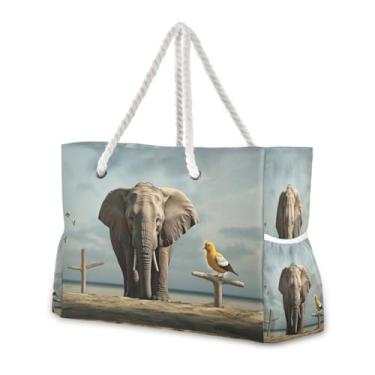 Imagem de Wassud Bolsa de praia feminina grande Elenphant e Bird Bolsa de praia impermeável à prova de areia com zíper e bolso bolsa de acampamento para piscina academia