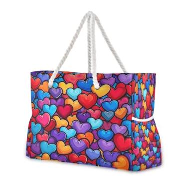 Imagem de Wassud Bolsa de praia colorida em forma de coração grande bolsa de praia para mulheres, impermeável, à prova de areia, bolsa de viagem com zíper e bolso para piscina academia acampamento