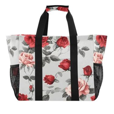 Imagem de Wassud Roses Sacolas de mercearia reutilizáveis grande bolsa organizadora de lona impermeável para praia, piquenique, lavanderia, viagem