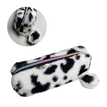 Imagem de Estojo Escolar Pelúcia Vaquinha Multiuso Zíper Pompom Fofo Aula Branco Grande Lápis Caneta Material