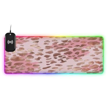 Imagem de CEBUGI Leopard Spots Mouse Pad de carregamento sem fio 15 W rápido para jogos com 14 iluminação LED RGB para jogos, MacBook, PC, laptop, mesa | 80 x 30 cm