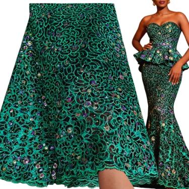 Imagem de Bestway Tecido de renda africana fashion 5 jardas lantejoulas bordadas rede francesa material de costura para festa de casamento nigeriana (azul-petróleo)