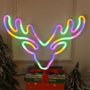 Imagem de Depisuta Sinal de Néon de Natal, Luz de Néon de Rena Alimentada por Bateria USB Decoração de Parede de Sinal LED, Sinal Luminoso para Festa Em Casa Decoração de Luz de Parede de Néon (Luz Colorida)
