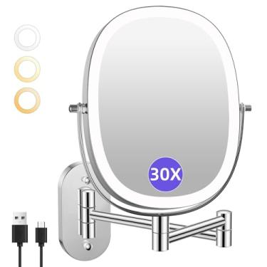 Imagem de FUNTOUCH Espelho de maquiagem recarregável de 5000 mAh montado na parede, interruptor de toque dupla face de 20 cm / 1 x espelho de aumento retangular montado na parede com luz, configuração de 3
