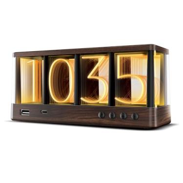 Imagem de Swissbrand Relógio de LED ambiente vintage, carregamento duplo USB-A/USB-C, relógio de mesa/mesa de cabeceira alimentado por USB, grão de madeira, controles integrados