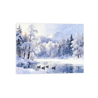 Imagem de BMZFYBS Arte de parede paisagem imagem em tela - floresta de inverno rio - decoração moderna - impressões de pintura para sala de estar pronto para pendurar tela embrulhada 60x80cm24x31in