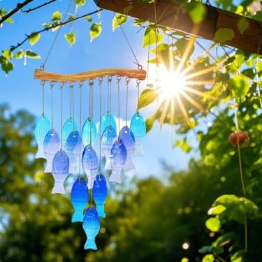 Imagem de Sinos de vento de mar de vidro azul de 58 cm - Sinos de vento de peixe feitos à mão para decoração externa, festa na praia e casamento