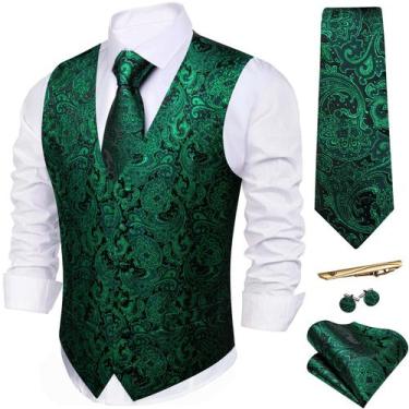 Imagem de Conjunto de colete e gravata Barry.Wang masculino em seda verde esmera