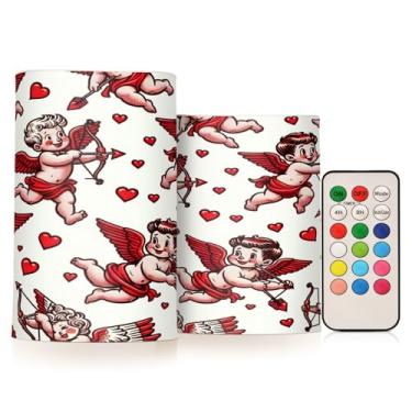 Imagem de JUZIHAI Cupidos de desenho animado do Dia dos Namorados adoram velas sem chama com controle remoto e temporizador, velas pilares operadas por bateria de LED, pacote com 2 para férias, casamento, festa