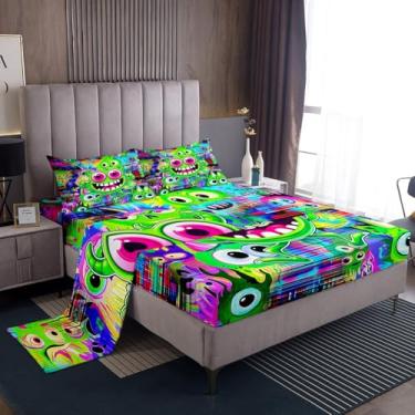 Imagem de Feelyou Jogo de lençol casal com desenho animado de monstro fofo para meninos e meninas, verde fluorescente, kawaii, 4 peças, 1 lençol com elástico + 2 fronhas + 1 lençol de cima