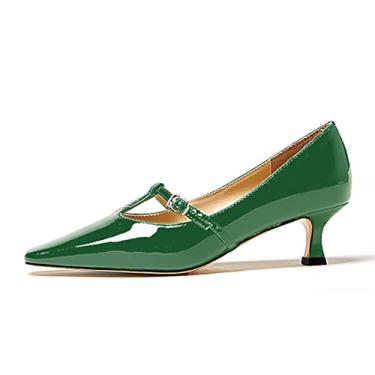 Imagem de LEMUTISME Sapato feminino elegante de couro envernizado, bico fechado, fivela, elegante, sem cadarço, salto baixo, chique, tira em T, Verde, 36