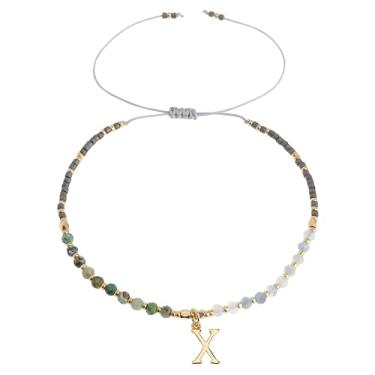 Imagem de Frigotine Pulseiras com inicial de pedra natural com contas douradas para mulheres e adolescentes, boêmio feito à mão cinza preto personalizado contas de pedra turquesa nome da letra pulseira