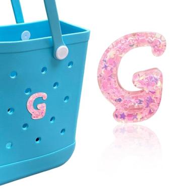 Imagem de HLUWA Berloques de letras para bolsa Bogg, alfabeto itálico rosa lantejoulas acessórios para Bogg e Simply Southern Bag, pingente de letras decorativas para bolsa de praia (G)