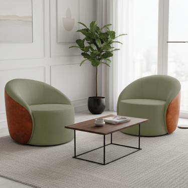 Imagem de Poltrona Sala Orgânica Kit 2 Lua Fixa Sintético PU Nozes/Bouclê Pistache D03 - D'Rossi