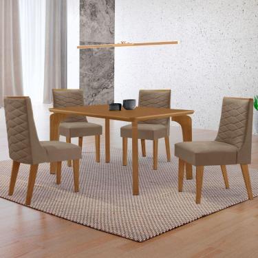 Imagem de Mesa Liz 120 Mdf Canto Copo E Com 4 Cadeiras Safira Veludo Capuccino Naturalle