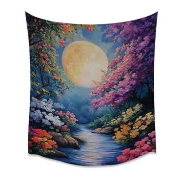 Imagem de Tapeçaria de parede de flor de rio enluarada árvores florais coloridas flores mistas vibrantes banco rochoso lua cheia tecido macio impressão premium quarto aconchegante natureza encantadora decoração