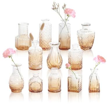 Imagem de GarDream Vaso de vidro âmbar gradiente vintage a granel 12, conjunto de vasos de flores pequenos rústicos para mesa, cornija, centros de mesa, casamento, mini vasos decorativos em relevo para casa