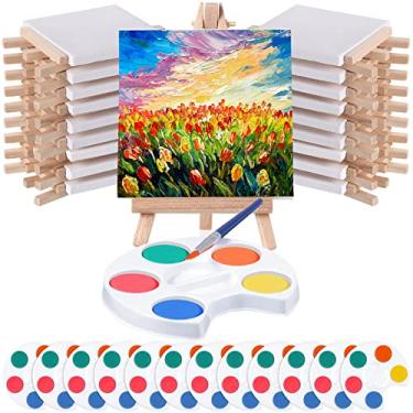 Imagem de Crtiin Conjuntos de pintura em aquarela mini tela de pintura pequena 10 x 10 cm com cavalete conjunto de pincéis, lembrancinhas de festa de arte e lembrancinhas de festa em aquarela para aniversário