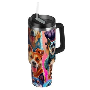 Imagem de Colagem colorida de raças de cães com detalhes de expressões exclusivas copos com tampa e canudos Copo térmico de 1,134 g com alça garrafas de água isoladas xícaras de café quente de aço inoxidável