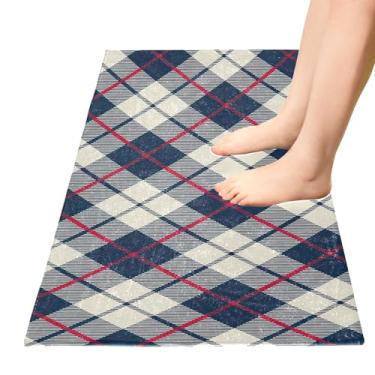 Imagem de TSENQUE Tapete de cozinha xadrez diagonal azul bege tapete absorvente entrada lavável antiderrapante tapete de banho essencial para escritório, casa, 99 x 50 cm