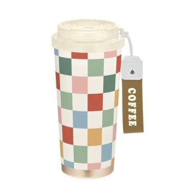 Imagem de TSENQUE Copo de café de viagem 473 ml com tampa de canudo e filp, revestimento cerâmico, isolamento a vácuo, aço inoxidável, copo de café para viagem, à prova de vazamento, tabuleiro de xadrez