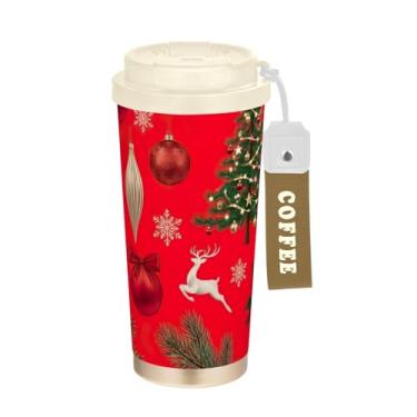 Imagem de Caneca de viagem de café 40 ml com canudo e tampa, revestimento cerâmico, isolamento a vácuo, aço inoxidável, copo de café, à prova de vazamento, impressão vermelha de Natal