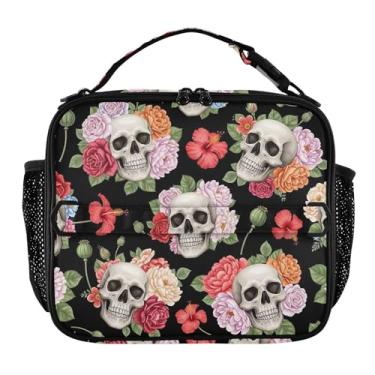 Imagem de Joisal Lancheira personalizada com caveiras florais coloridas pretas para mulheres meninas lancheira alça de ombro ajustável masculina crianças lancheira para trabalho rosa linda bolsa isolada