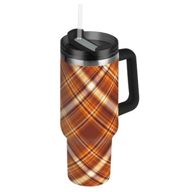 Imagem de Joisal Copos de listras xadrez marrom laranja com tampas e canudos para adultos com alça Garrafas de água isoladas de 1,134 g Copo de aço inoxidável para quente e frio