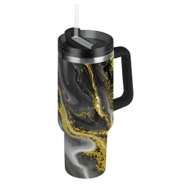 Imagem de Copos de textura de mármore preto dourado com tampa e canudos, garrafas de água isoladas de aço inoxidável, copo de 1,18 l com alça, caneca de café quente grande para carro
