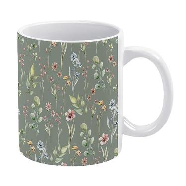 Imagem de Flores silvestres coloridas sem costura primavera plantas ervas flores em copo de cerâmica verde e branco, caneca de chá de 325 ml, caneca de café, caneca de leite, copo de cerâmica para escritório em
