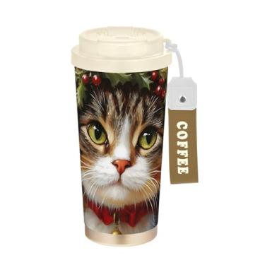 Imagem de TSENQUE Copo de café de 473 ml com tampa de canudo e filp, copo de café de aço inoxidável isolado a vácuo à prova de vazamento, gato de Natal fofo