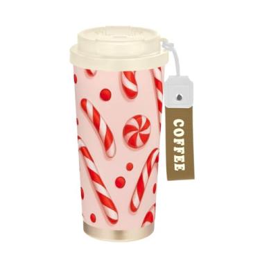 Imagem de TSENQUE Copo de café de 473 ml com tampa de canudo e filp, copo de parede dupla isolado a vácuo com revestimento cerâmico, vermelho, branco, rosa, bastões doces