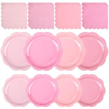Imagem de Himake Conjunto de pratos e guardanapos de festa, 48 peças, pratos de papel descartáveis rosa com sobremesa de 18 cm e pratos de jantar de 22 cm, utensílios de mesa descartáveis para chá de bebê