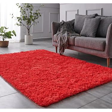 Imagem de TABAYON Tapete felpudo de 1,5 x 1,8 m, vermelho, antiderrapante, durável, retangular, aconchegante, tapete macio para quarto de bebê, sala de estar